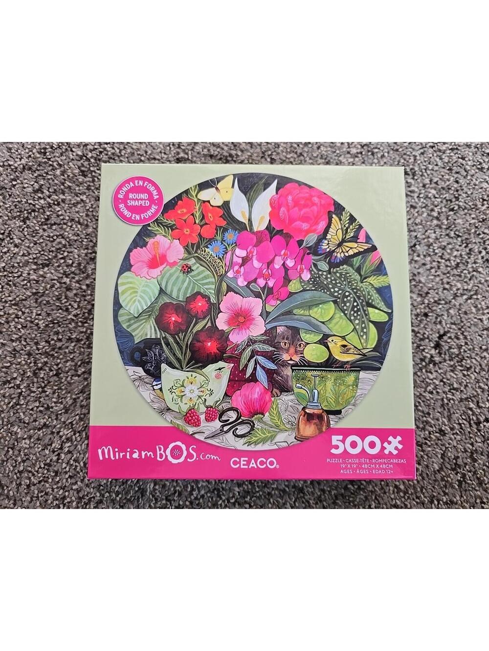 Ceaco Miriam Bos Flowers Birds Cat Round 500 Pc Puzzle 19in